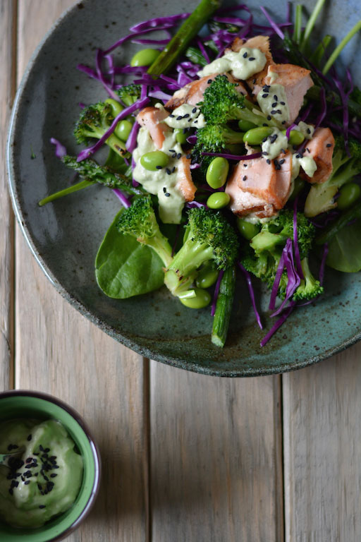 Salmon-and-Greens-with-Avocado-Wasabi-Mayo